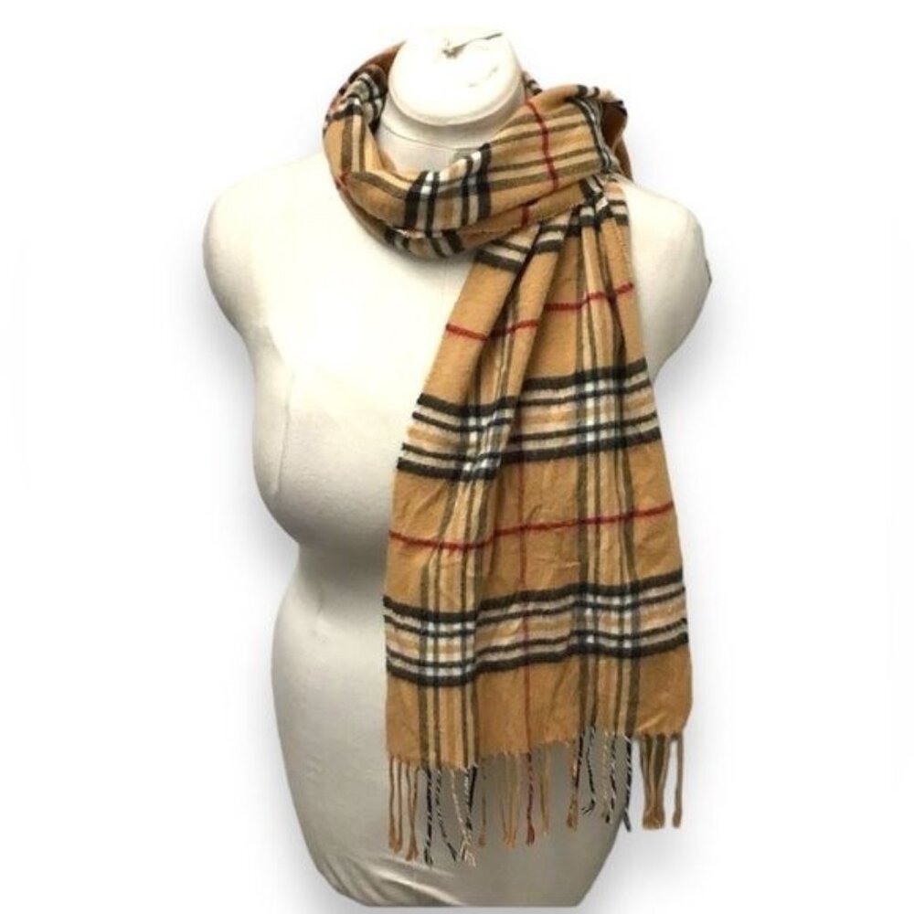 V.Fraas Men's Exploded Plaid Cashmink Scarf, Camel, OSFA